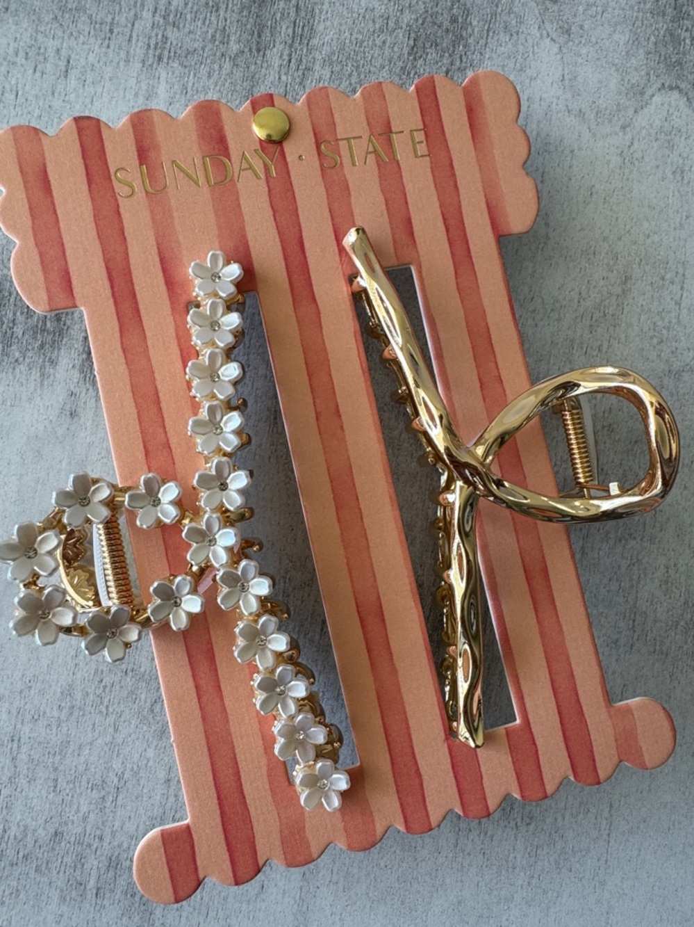 Sunday State 2- White Flowers & Gold Hair Long Clips Styling 4.5" x 1.5”